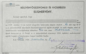 Tiszavidéki Hitelintézet és Takarékpénztár Részvénytársaság  részvényösszevonási és kicserélési elismervény 1939  Szolnok