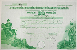 Tiszavidéki Takarékpénztár Részvénytársaság részvény 20 pengő 1930 Csongrád