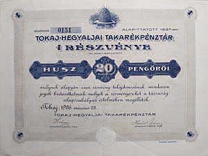 Tokaj-Hegyaljai Takarékpénztár Részvénytársaság részvény 20 pengő 1926