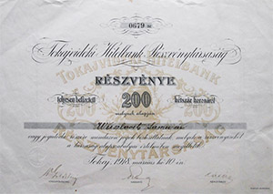 Tokajvidéki Hitelbank Részvénytársaság részvény 200 korona 1918 Tokaj