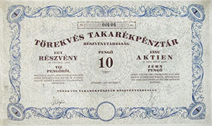 Törekvés Takarékpénztár Részvénytársaság részvény 10 pengő 1926
