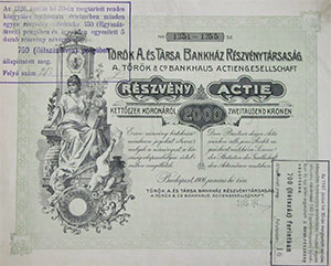 Török A. és Társa Bankház Részvénytársaság részvény 2000 korona 1906