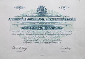 Torontáli Agrárbank Részvénytársaság részvény 200 korona 1918 Nagybecskerek