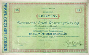 Transorient Bank Részvénytársaság 25x1000 25000 korona 1922