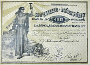 Transsylvania Bank Részvénytársaság részvény 100 lei 1928 Kolozsvár
