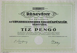 Udvarhelymegyei Takarékpénztár Részvénytársaság részvény  10 pengő 1941 Székelyudvarhely