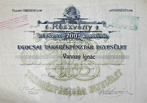 Ugocsai Takarékpénztár Egyesület Részvénytársaság  részvény 700 korona 1911 Nagyszollos