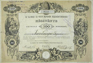 Új-Arad és Vidéke Népbank Részvénytársaság részvény 200 korona 1893