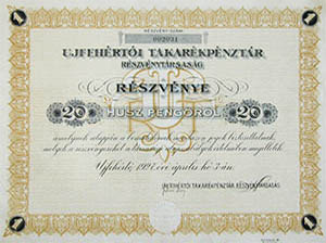 Újfehértói Takarékpénztár Részvénytársaság részvény 20 pengő 1927 Újfehértó