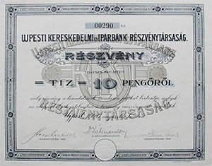Újpesti Kereskedelmi és Iparbank Részvénytársaság részvény 10 pengő 1926 Újpest
