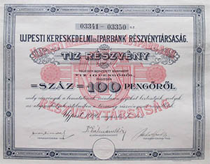 Újpesti Kereskedelmi és Iparbank Részvénytársaság részvény 10x10 100 pengő 1926 Újpest