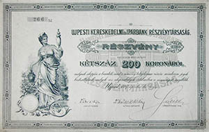 Újpesti Kereskedelmi és Iparbank Részvénytársaság részvény 200 korona 1917 Újpest