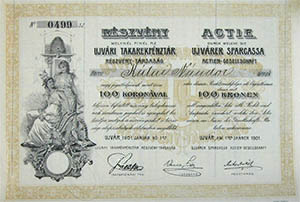 Újvári Takarékpénztár Részvénytársaság részvény 100 korona 1901 Újvár