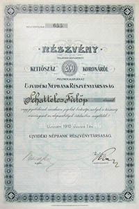 Újvidéki Népbank Részvénytársaság részvény 200 korona 1910 Újvidék