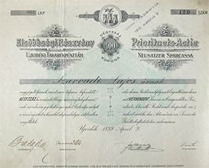 Újvidéki Takarékpénztár Részvénytársaság elsőbbségi részvény 400 korona 1899 Újvidék
