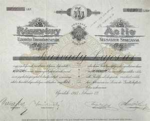 Újvidéki Takarékpénztár Részvénytársaság részvény 400 korona 1903 Újvidék