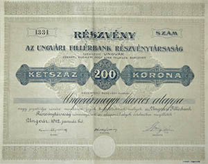 Ungvári Fillérbank Részvénytársaság részvény 200 korona 1912 Ungvár
