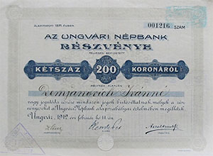 Ungvári Népbank Részvénytársaság részvény 200 korona 1912