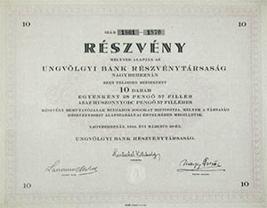 Ungvölgyi Bank Részvénytársaság részvény 10 x 28 pengő 57 fillér 1942 Nagyberezna