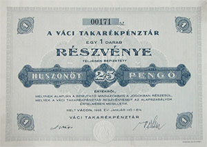 Váci Takarékpénztár Részvénytársaság részvény 25 pengő 1938 Vác