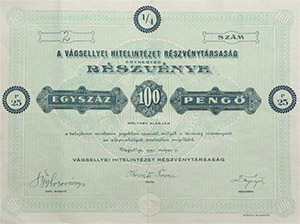Vágsellyei Hitelintézet Részvénytársaság 1/4 részvény 25 pengő 1939