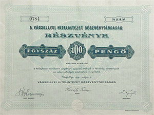 Vágsellyei Hitelintézet Részvénytársaság részvény 100 pengő 1939