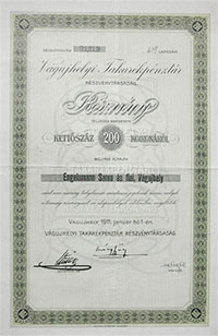 Vágujhelyi Takarékpénztár Részvénytársaság részvény 200 korona 1911 Vágujhely