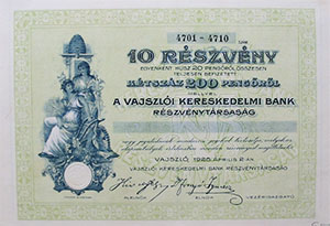 Vajszlói Kereskedelmi Bank Részvénytársaság részvény 10x20 200 pengő 1928 Vajszló