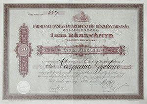 Vármegyei Bank és Takarékpénztár Részvénytársaság  részvény 50 pengő 1928 Zalaegerszeg