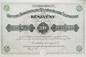 Vármegyei Takarékpénztár Részvénytársaság Szombathely 10x20 pengő 1927