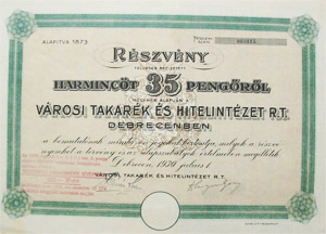 Városi Takarék- és Hitelintézet Részvénytársaság  Debrecenben részvény 35 pengő 1930