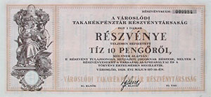 Városlődi Takarékpénztár Részvénytársaság részvény 10 pengő 1929 Városlőd