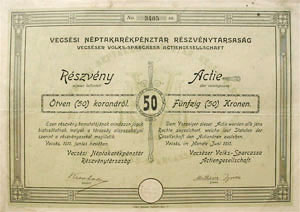 Vecsési Néptakarékpénztár Részvénytársaság részvény 50 korona 1910
