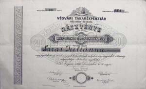 Végvári Takarékpénztár Részvénytársaság részvény 200 korona 1906