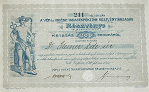 Vép és Vidéke Takarékpénztár Részvénytársaság részvény 200 korona 1910