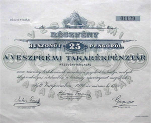Veszprémi Takarékpénztár Részvénytársaság részvény 25 pengő 1926