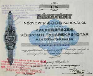 Zalaegerszegi Központi Takarékpénztár Részvénytársaság részvény 4000 korona 1923 Zalaegerszeg