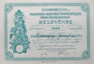Zalamegyei Gazdasági Takarékpénztár Részvénytársaság részvény 2000 korona 1923