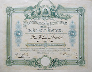 Zalatnai Takarékpénztár Részvénytársaság részvény 60 korona 1893 Zalatna