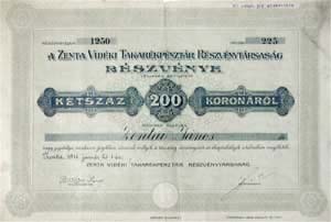 Zenta Vidéki Takarékpénztár Részvénytársaság részvény 200 korona 1911 Zenta