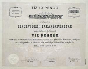 Zirczvidéki Takarékpénztár Részvénytársaság részvény 10 pengő 1926 Zirc
