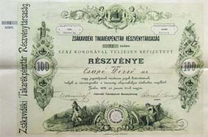 Zsákavidéki Takarékpénztár Részvénytársaság részvény 100 korona 1896 Zsáka