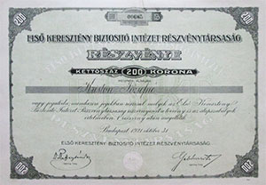 Els Keresztny Biztost Intzet Rszvnytrsasg rszvny 200 korona 1921