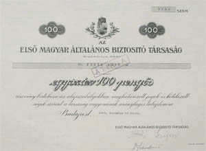 Els Magyar ltalnos Biztost Trsasg rszvny 100 peng 1929