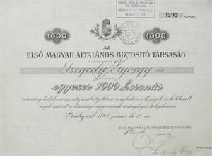 Els Magyar ltalnos Biztost Trsasg rszvny 1000 korona 1911