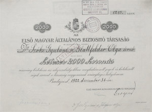 Els Magyar ltalnos Biztost Trsasg rszvny 2000 korona 1922
