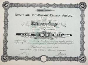 Nemzeti ltalnos Biztost Rszvnytrsasg rszvny 5x200 1000 korona 1921