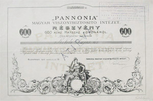 Pannonia Magyar Viszontbiztost Intzet 600 korona 1911
