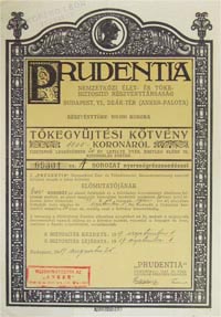 Prudentia Nemzetkzi let- s Tkebiztost Rszvnytrsasg tkegyjtsi ktvny 1000 korona 1917