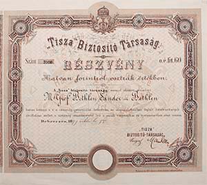 Tisza Biztost Trsasg rszvny 60 forint 1877 Debreczen